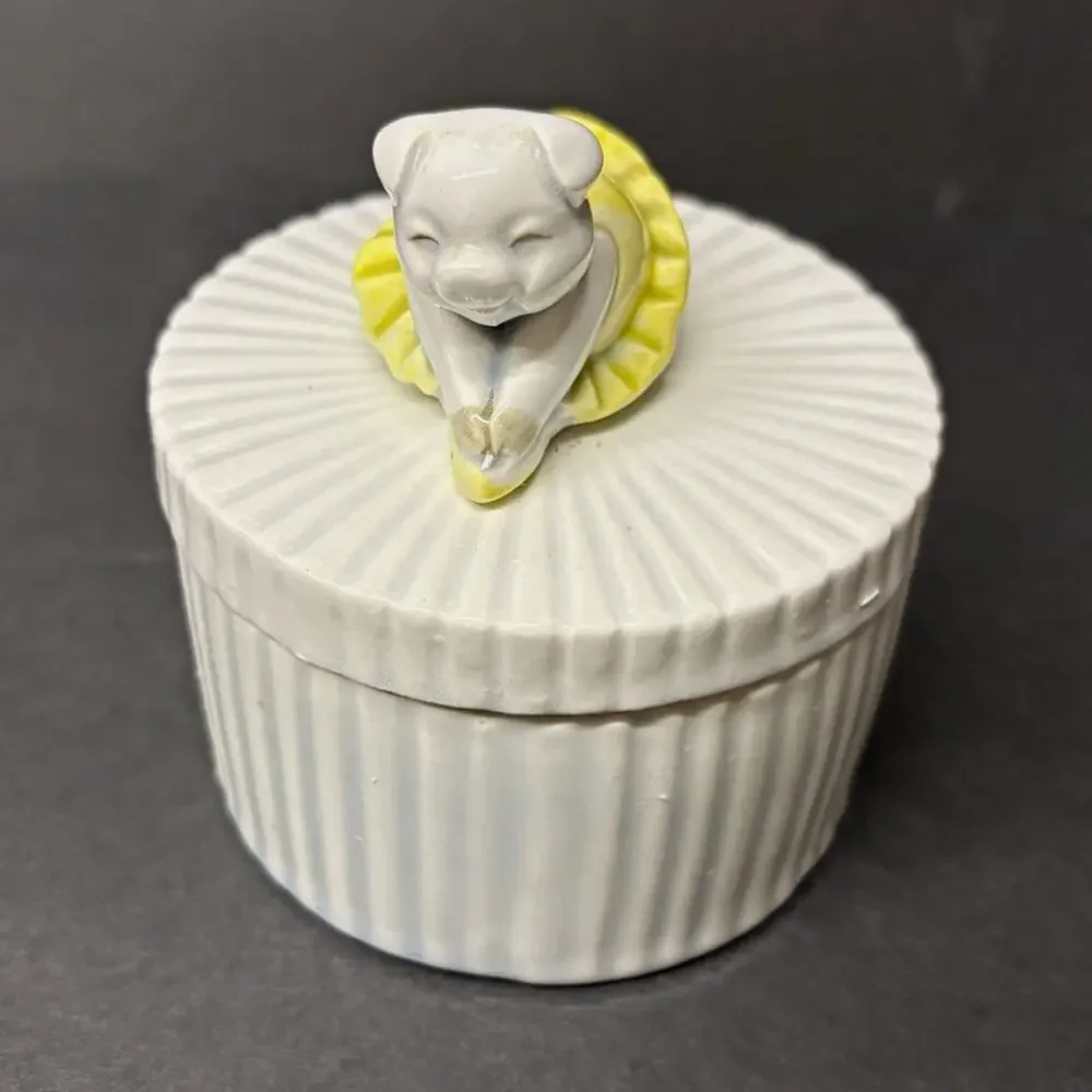 Fitz and Floyd Round Ceramic Trinket Box, White/Yellow, Removable Lid